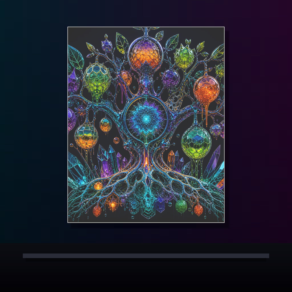Prism Orchard original KOSVYRE poster displayed in a dark psychedelic gallery setting