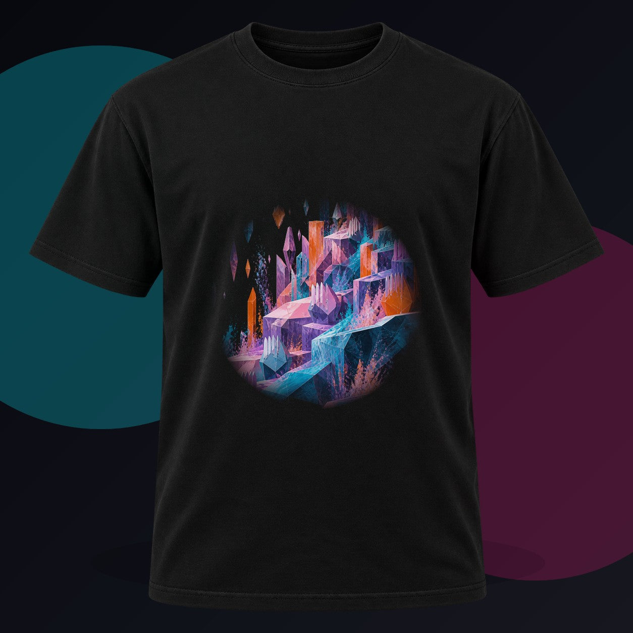 Prism Quarry Choir original KOSVYRE design on a black graphic tee against a graphite studio background