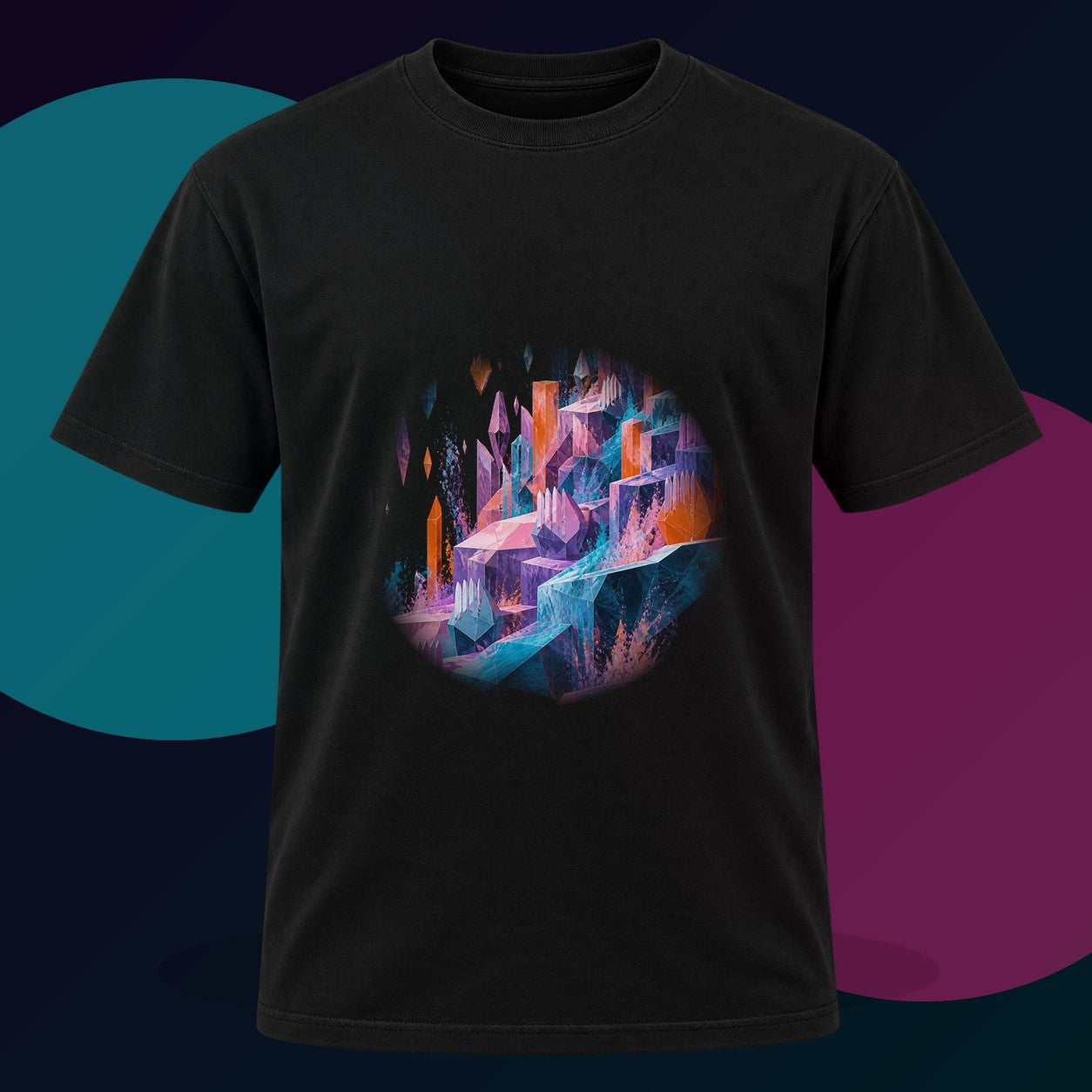 Prism Quarry Choir original KOSVYRE design on a black graphic tee with cyan and violet studio lighting