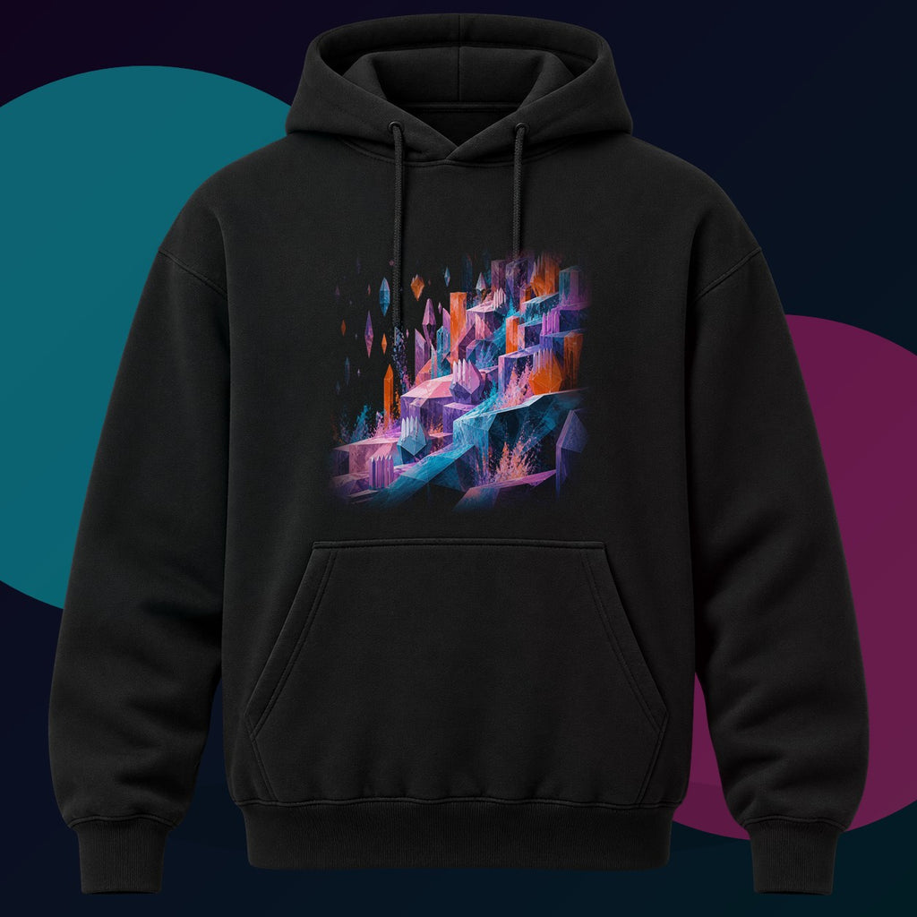 Prism Quarry Choir original KOSVYRE design on a black hoodie with cyan and violet studio lighting