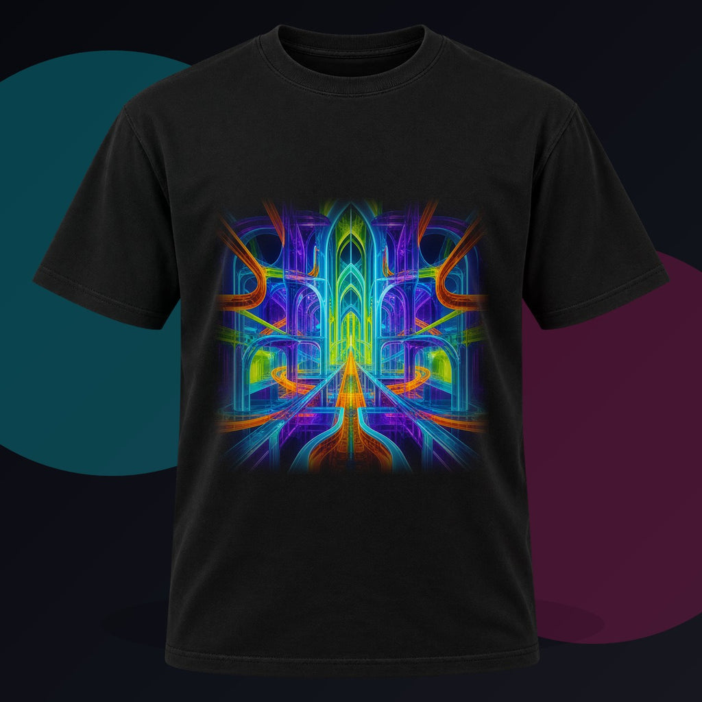 Prism Rail Cathedral original KOSVYRE design on a black graphic tee against a graphite studio background