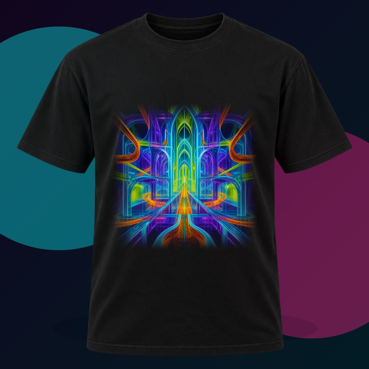 Prism Rail Cathedral original KOSVYRE design on a black graphic tee with cyan and violet studio lighting