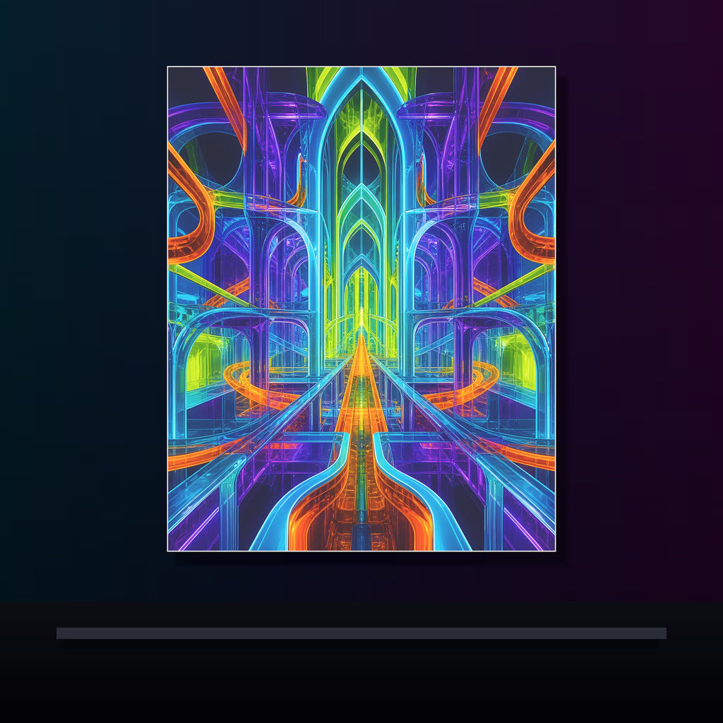Prism Rail Cathedral original KOSVYRE poster displayed in a dark psychedelic gallery setting