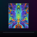 Prism Rail Cathedral original KOSVYRE poster displayed in a dark psychedelic gallery setting