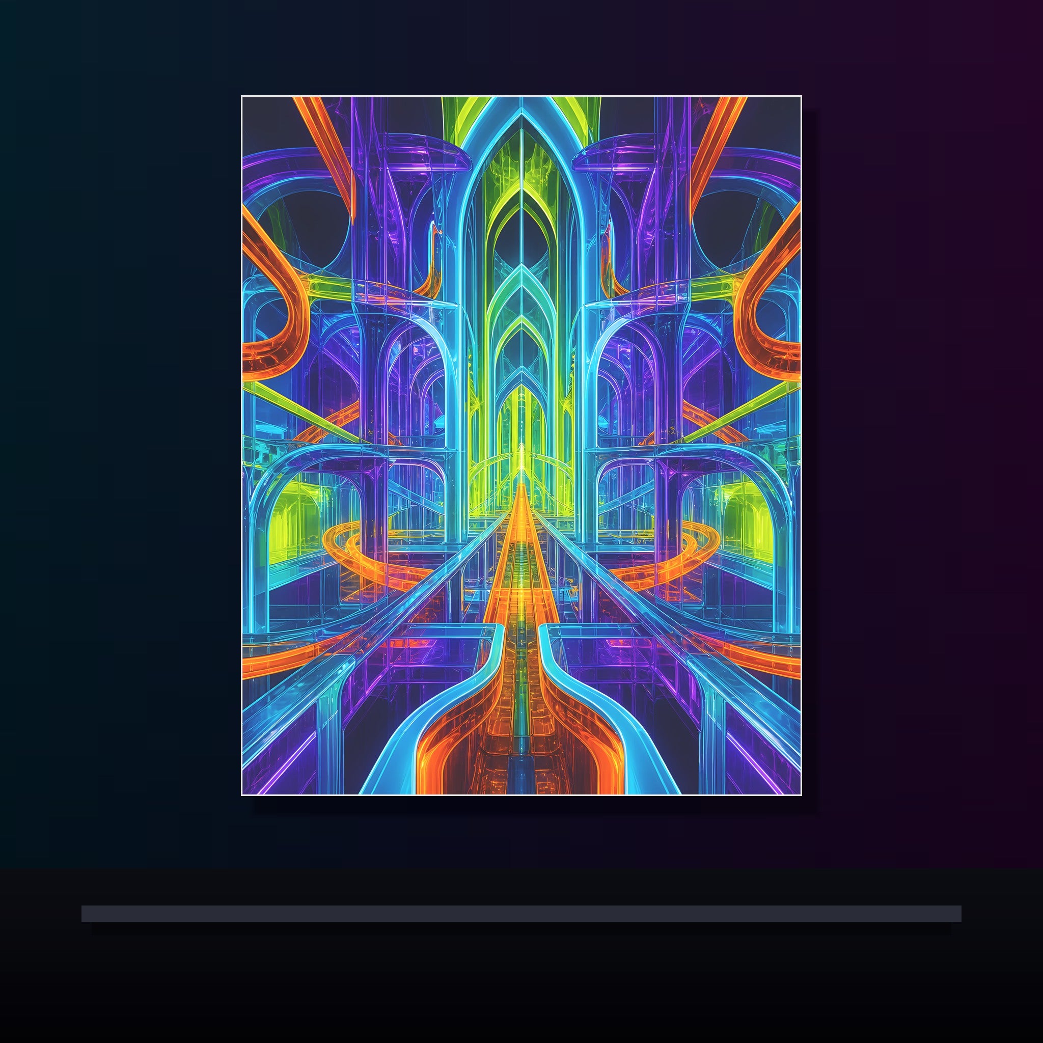 Prism Rail Cathedral original KOSVYRE poster displayed in a dark psychedelic gallery setting