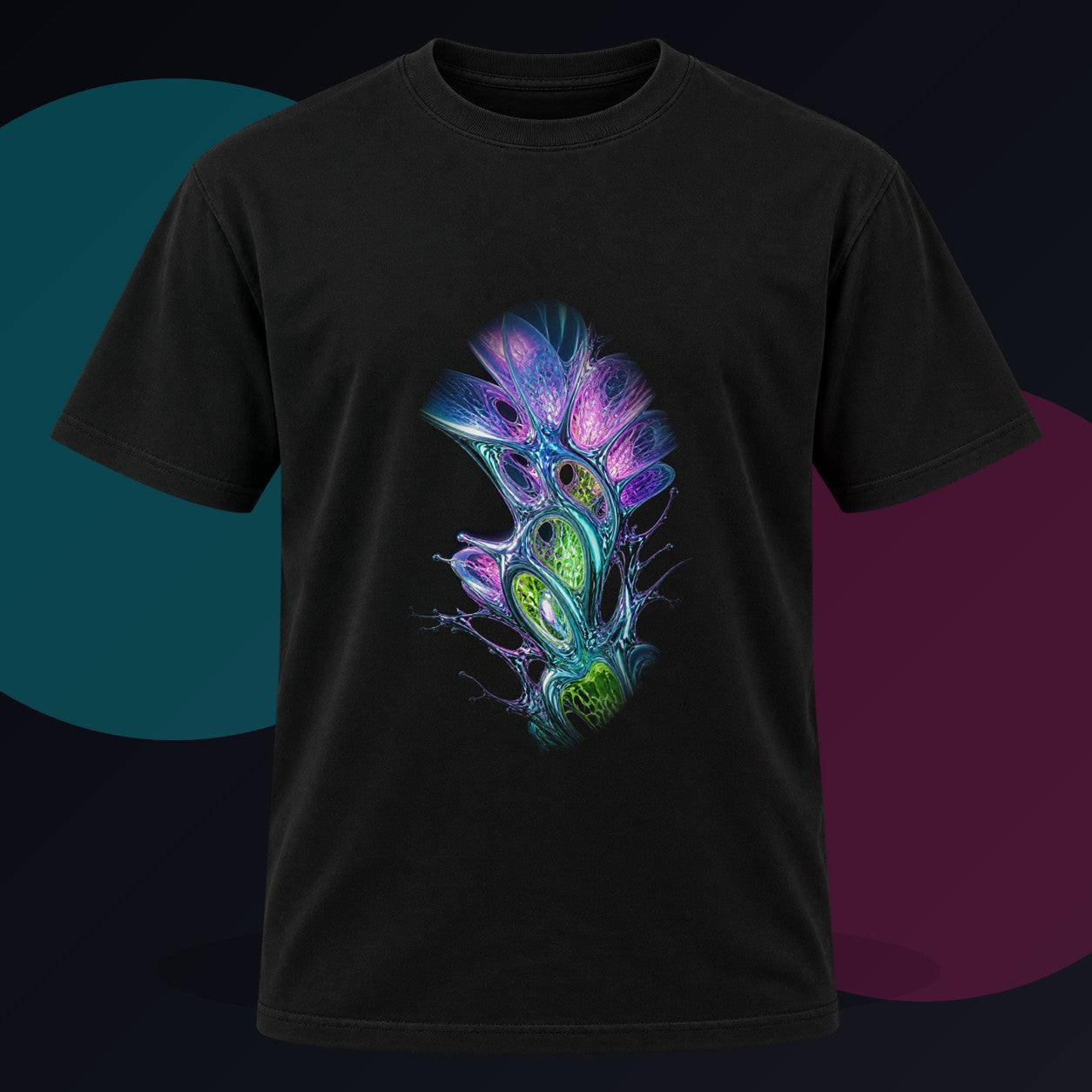 Prismatic Cartilage Garden original KOSVYRE design on a black graphic tee against a graphite studio background