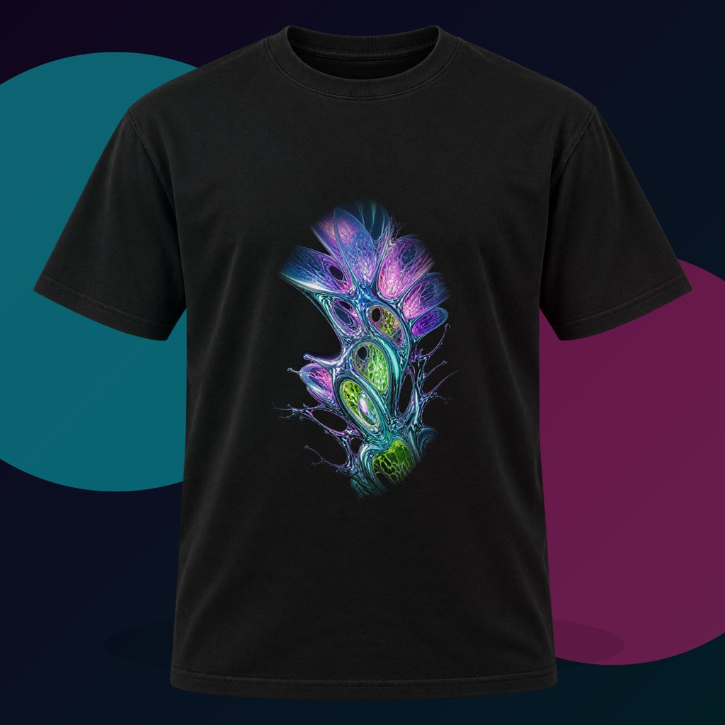 Prismatic Cartilage Garden original KOSVYRE design on a black graphic tee with cyan and violet studio lighting