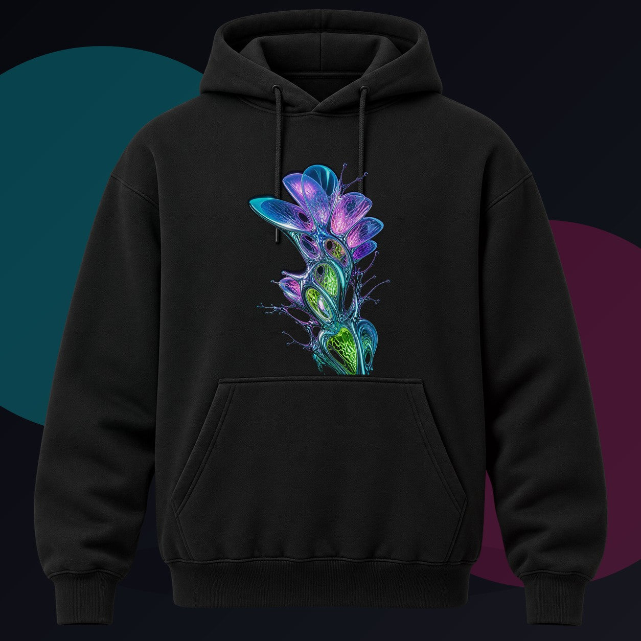 Prismatic Cartilage Garden original KOSVYRE design on a black hoodie against a graphite studio background