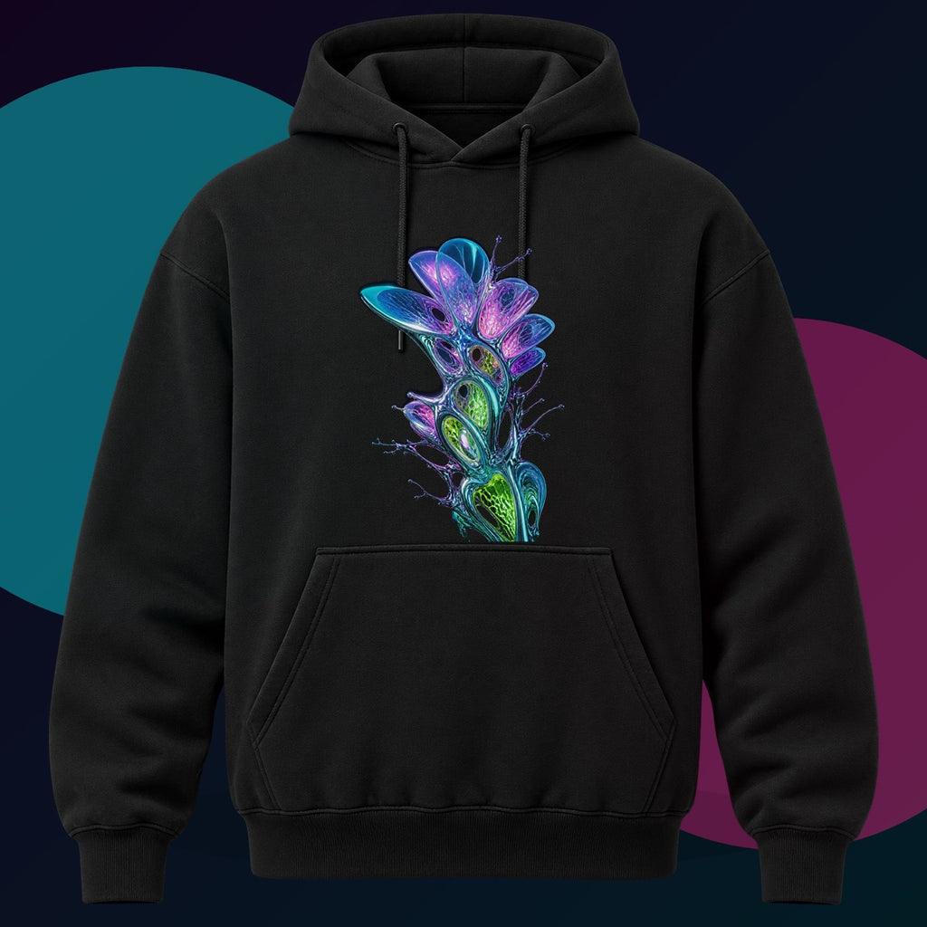 Prismatic Cartilage Garden original KOSVYRE design on a black hoodie with cyan and violet studio lighting