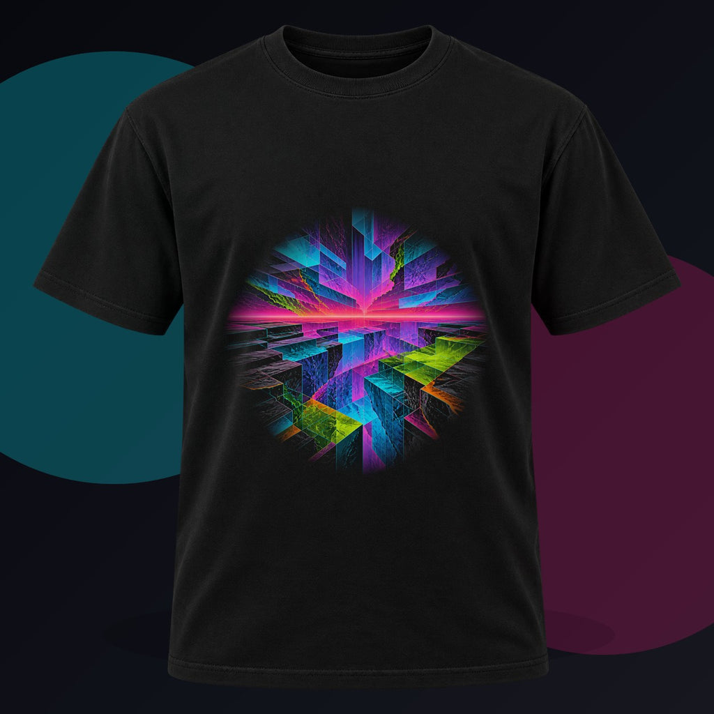 Prismatic Fault Garden original KOSVYRE design on a black graphic tee against a graphite studio background