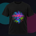 Prismatic Fault Garden original KOSVYRE design on a black graphic tee against a graphite studio background