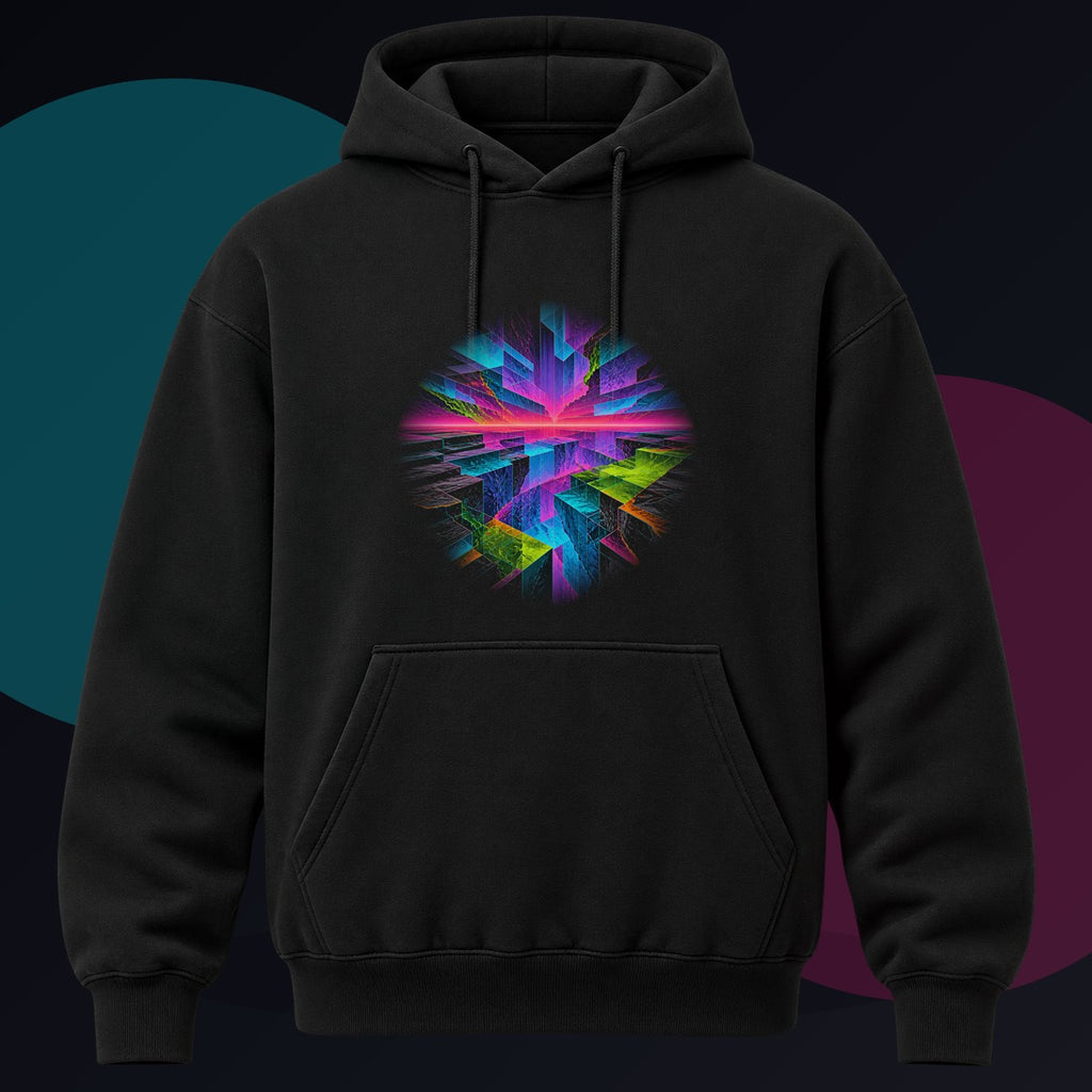 Prismatic Fault Garden original KOSVYRE design on a black hoodie against a graphite studio background