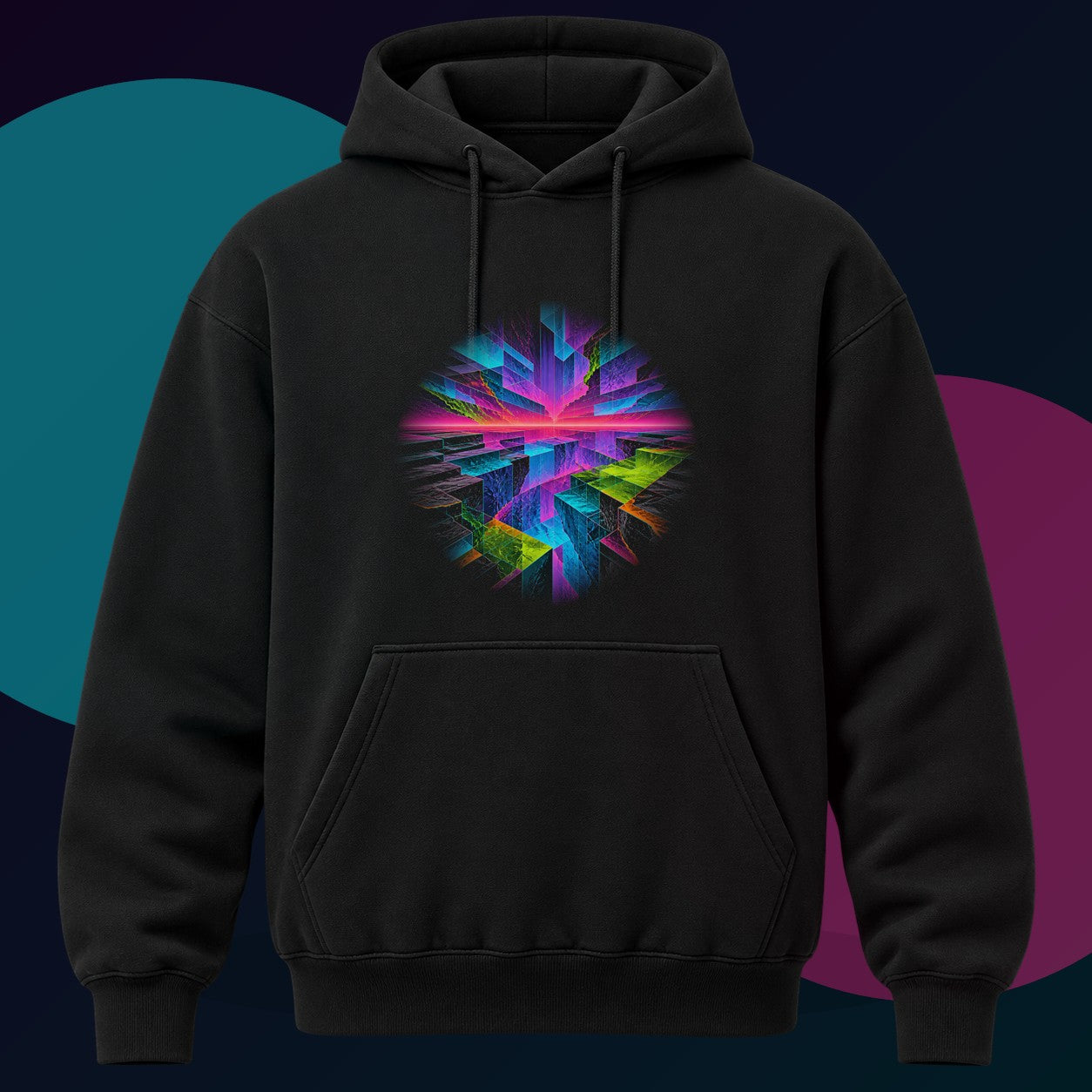 Prismatic Fault Garden original KOSVYRE design on a black hoodie with cyan and violet studio lighting