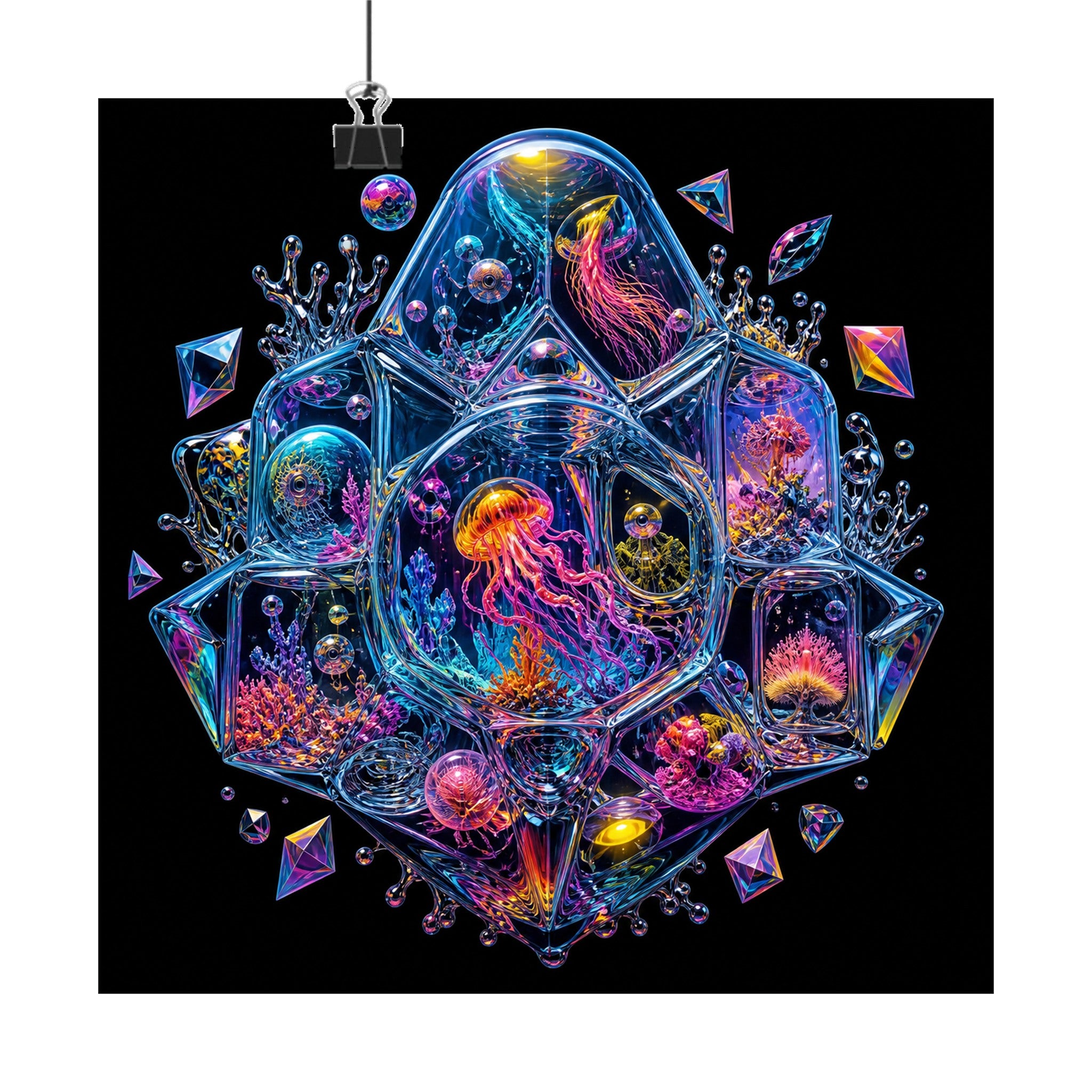 Prismatic Memory Aquarium original KOSVYRE art print displayed with binder clips