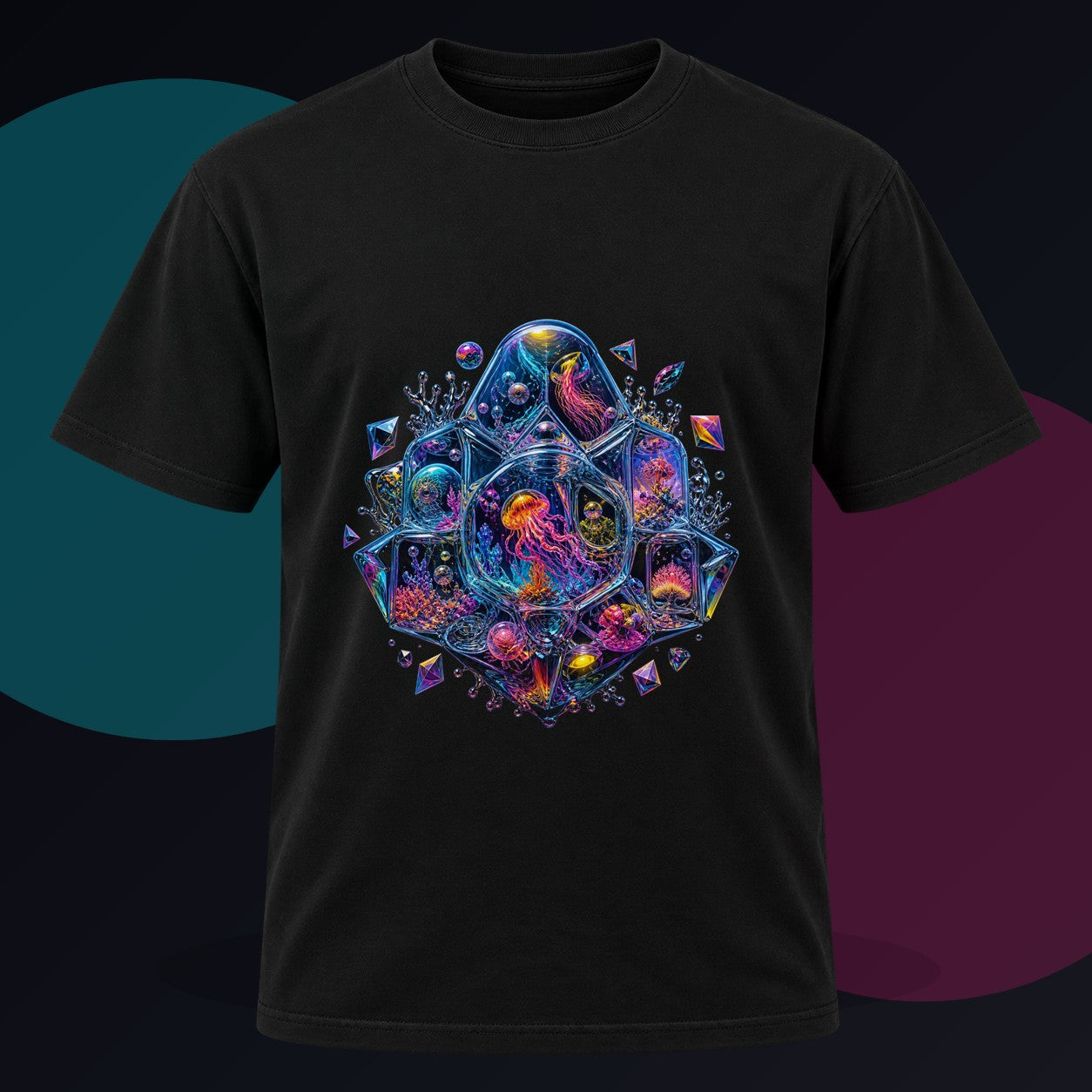 Prismatic Memory Aquarium original KOSVYRE design on a black graphic tee against a graphite studio background