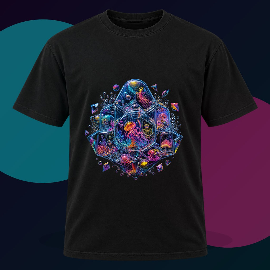 Prismatic Memory Aquarium original KOSVYRE design on a black graphic tee with cyan and violet studio lighting