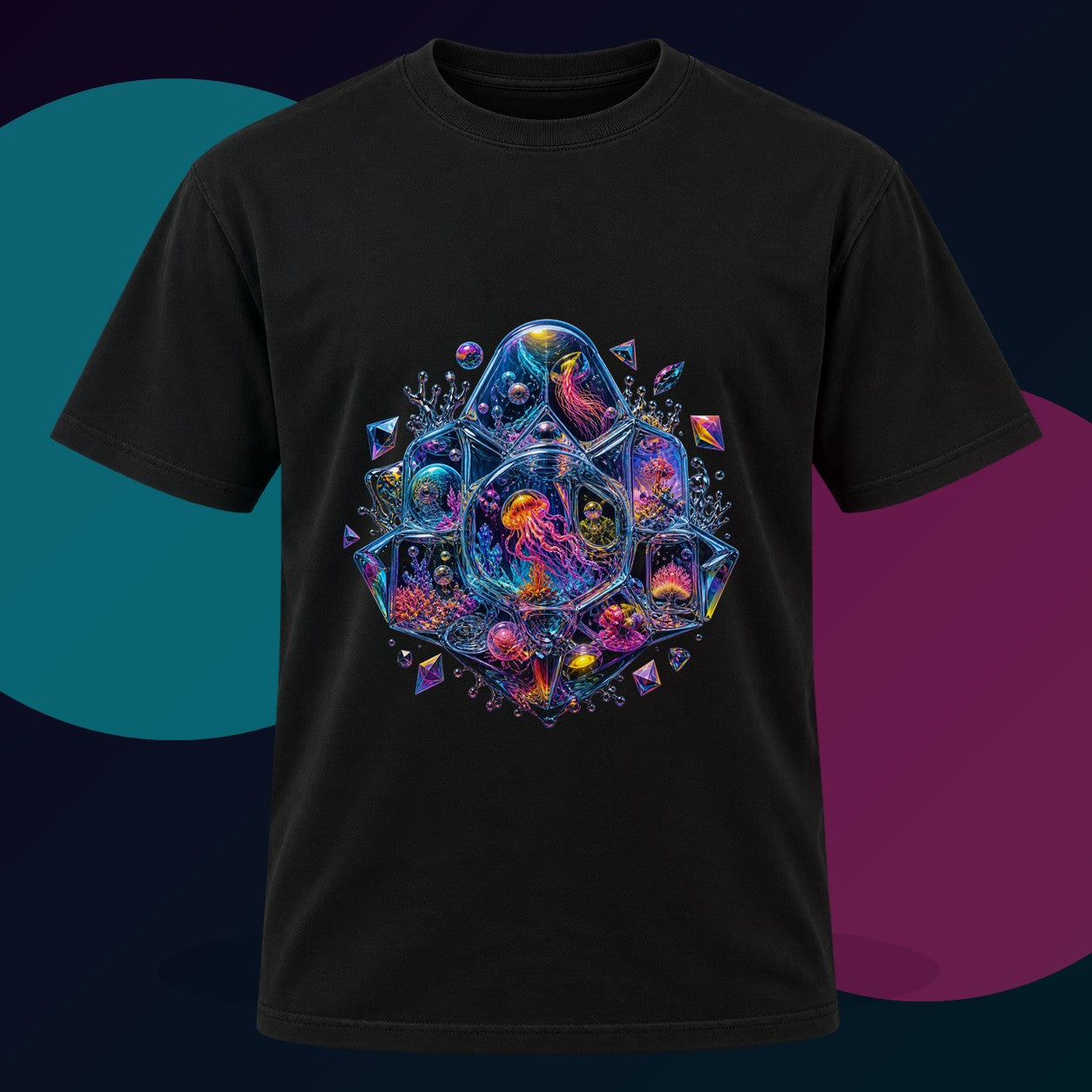 Prismatic Memory Aquarium original KOSVYRE design on a black graphic tee with cyan and violet studio lighting