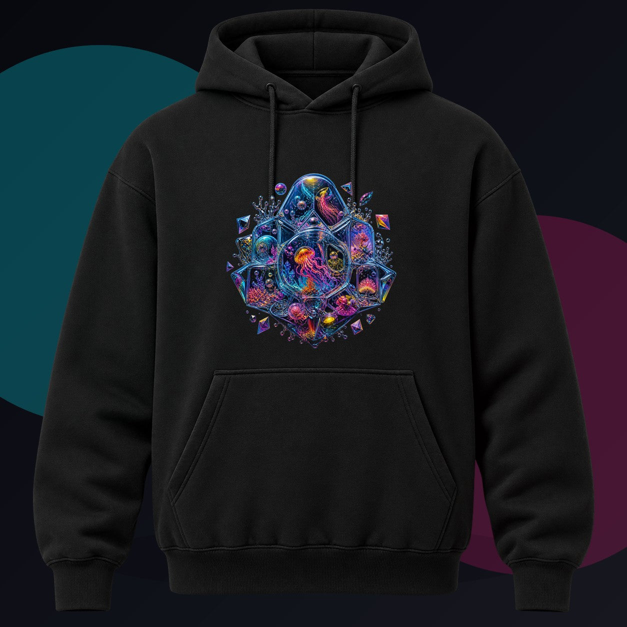 Prismatic Memory Aquarium original KOSVYRE design on a black hoodie against a graphite studio background