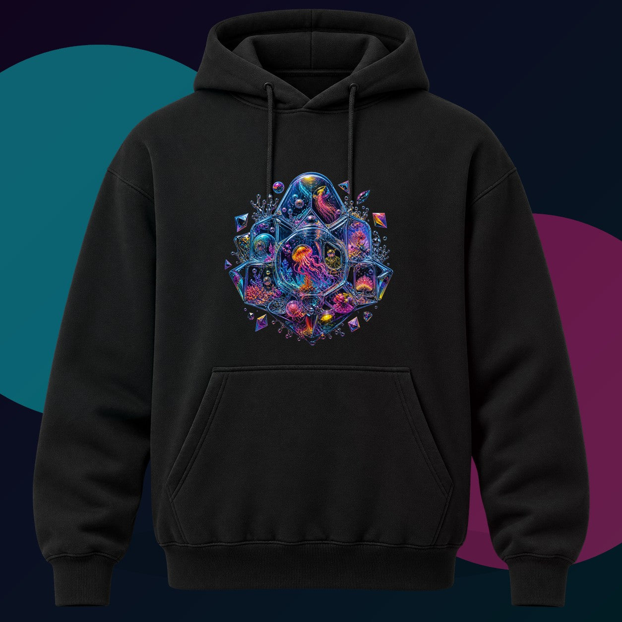 Prismatic Memory Aquarium original KOSVYRE design on a black hoodie with cyan and violet studio lighting