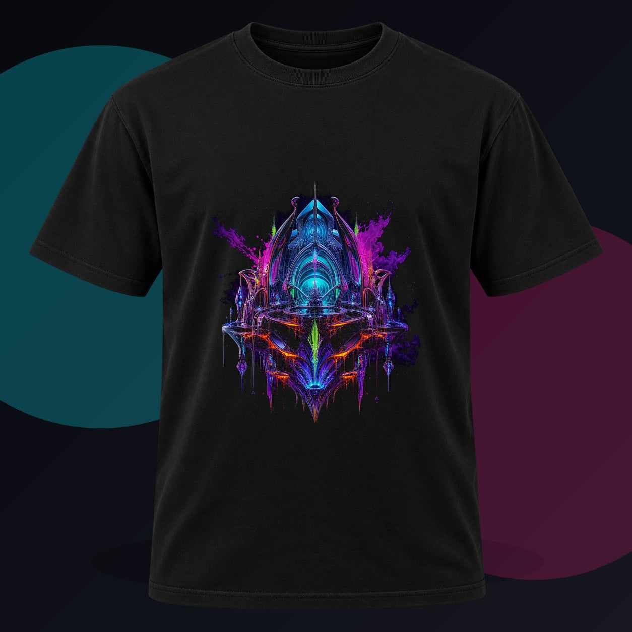 Prismatic Reliquary original KOSVYRE design on a black graphic tee against a graphite studio background