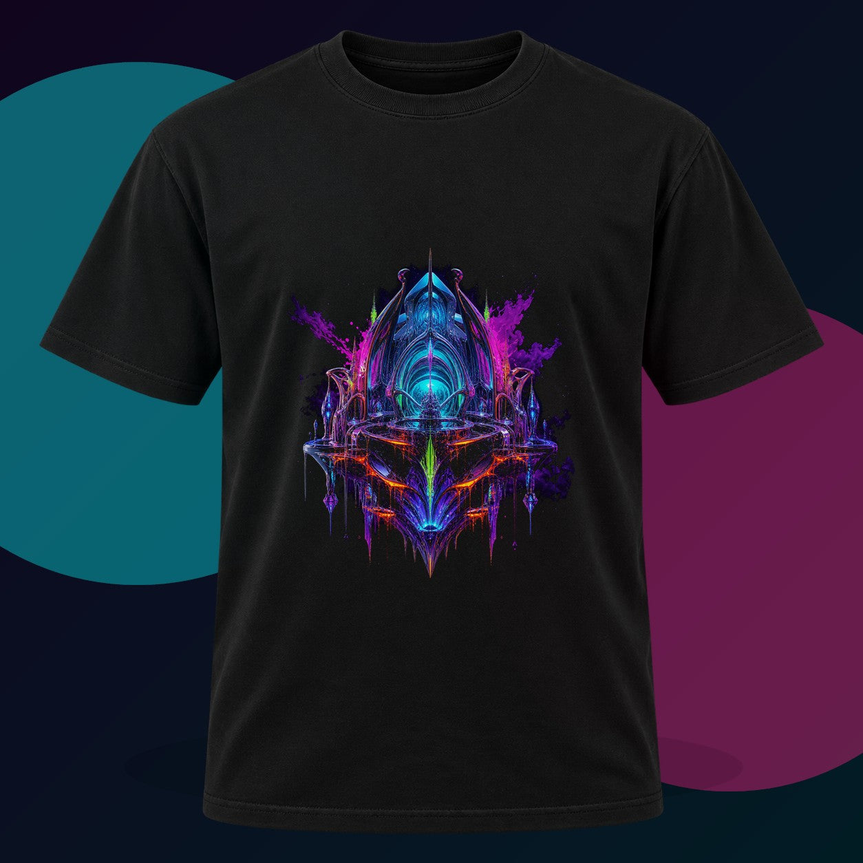 Prismatic Reliquary original KOSVYRE design on a black graphic tee with cyan and violet studio lighting