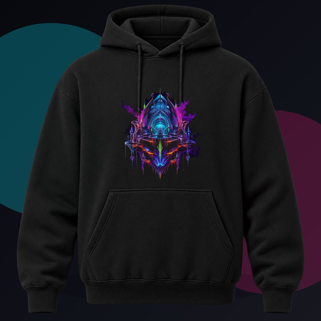 Prismatic Reliquary original KOSVYRE design on a black hoodie against a graphite studio background
