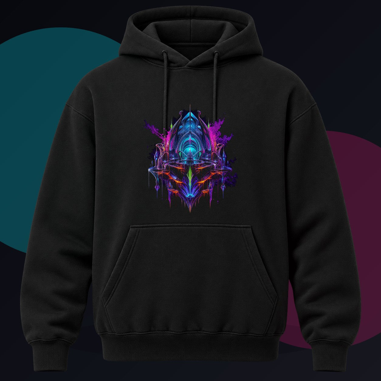 Prismatic Reliquary original KOSVYRE design on a black hoodie against a graphite studio background