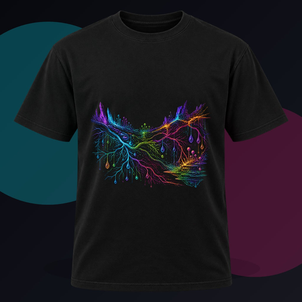 Prismatic Root Circuit original KOSVYRE design on a black graphic tee against a graphite studio background