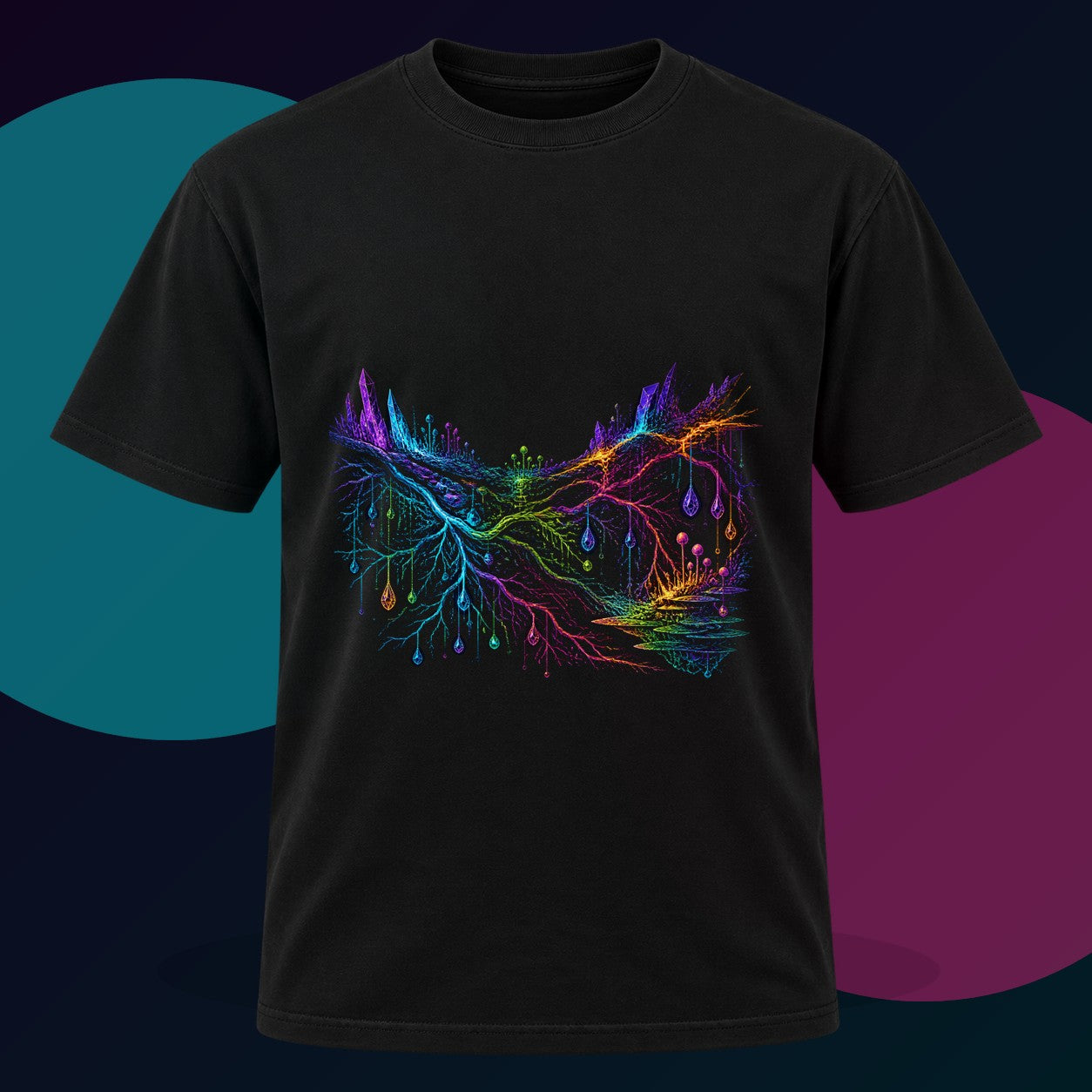 Prismatic Root Circuit original KOSVYRE design on a black graphic tee with cyan and violet studio lighting