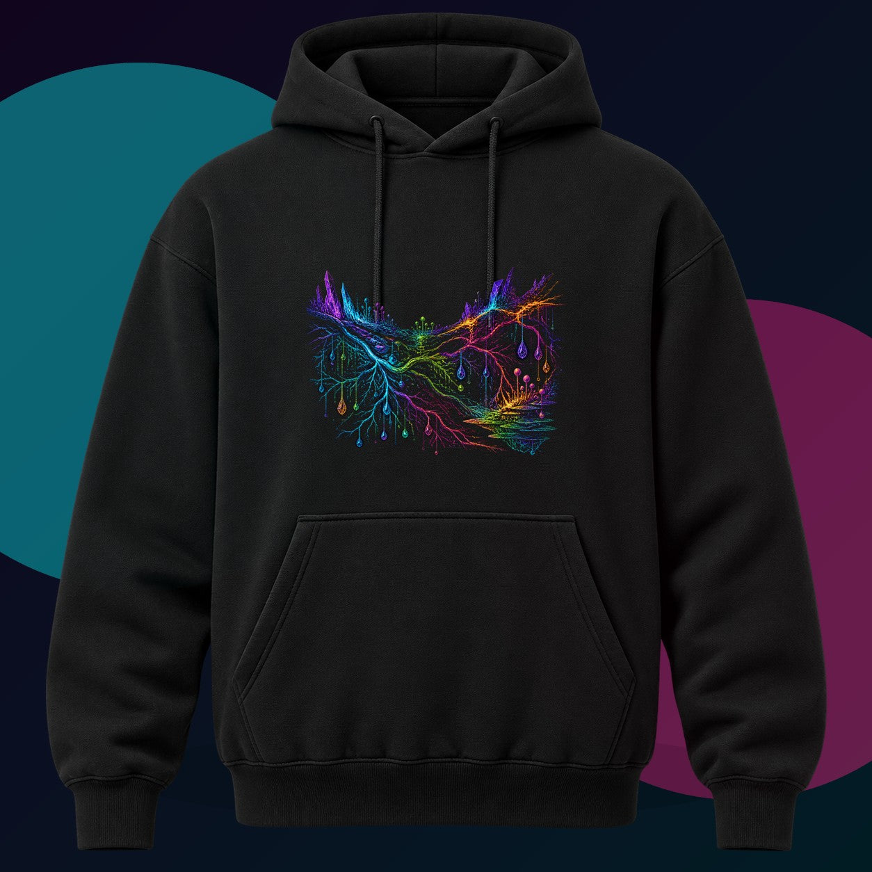 Prismatic Root Circuit original KOSVYRE design on a black hoodie with cyan and violet studio lighting