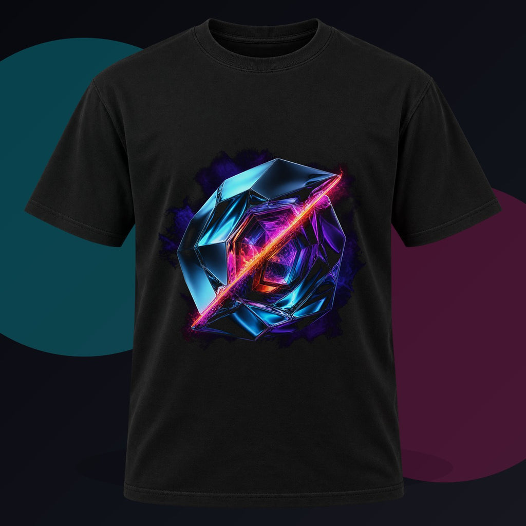 Prismatic Scar original KOSVYRE design on a black graphic tee against a graphite studio background