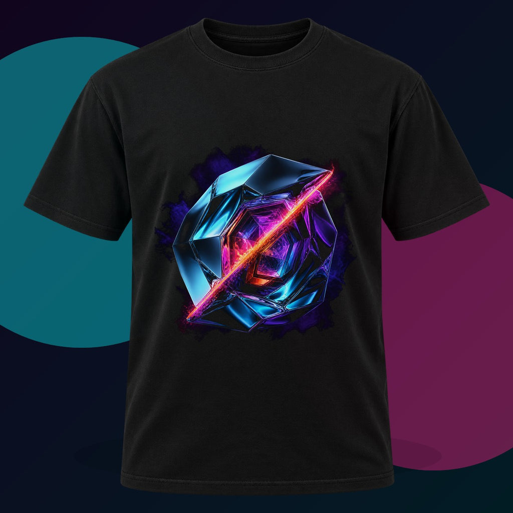 Prismatic Scar original KOSVYRE design on a black graphic tee with cyan and violet studio lighting