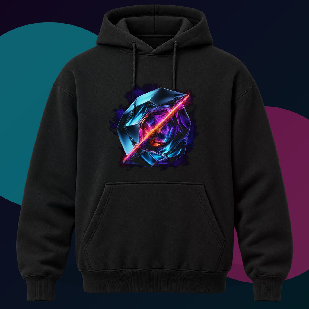 Prismatic Scar original KOSVYRE design on a black hoodie with cyan and violet studio lighting