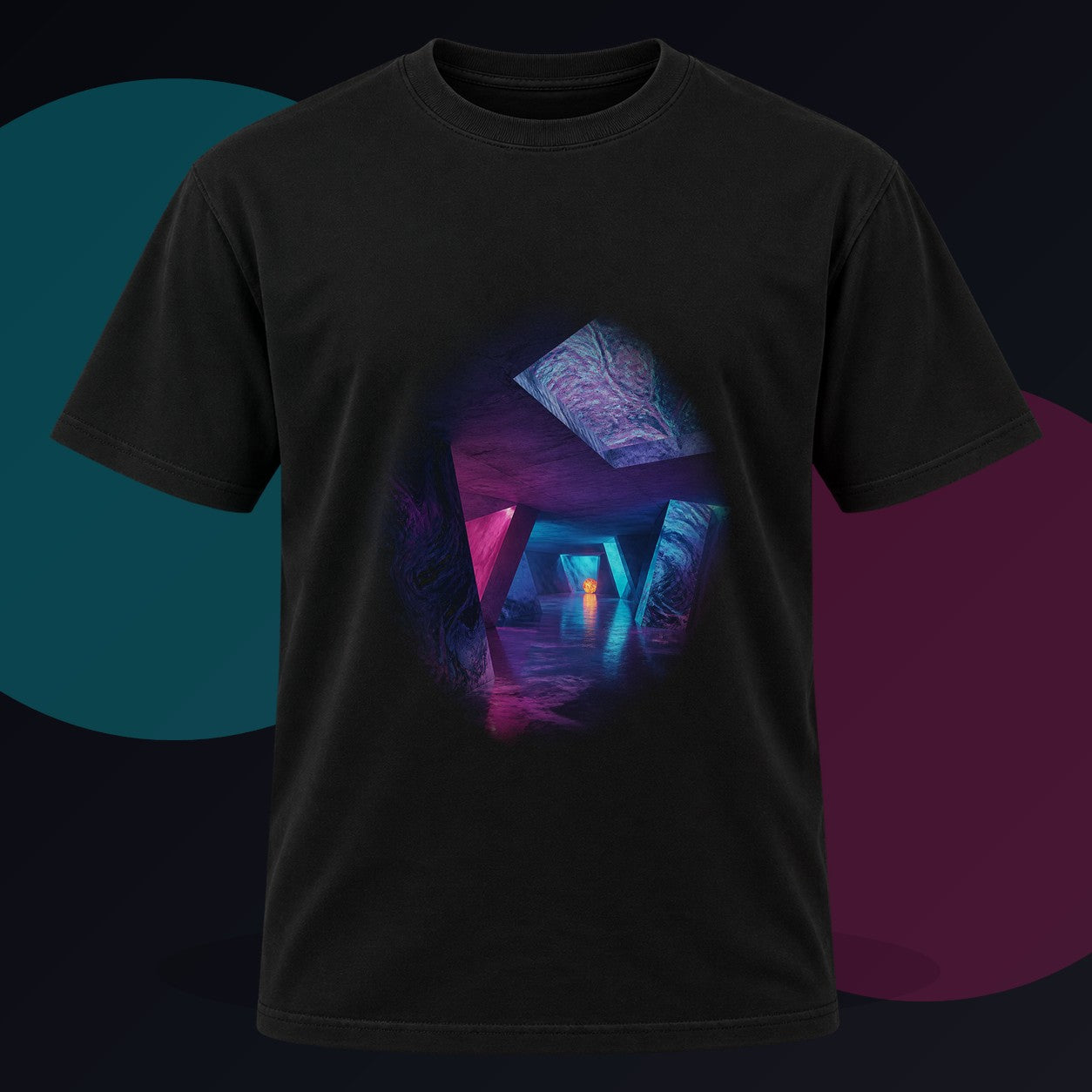 Prismatic Service Tunnel original KOSVYRE design on a black graphic tee against a graphite studio background