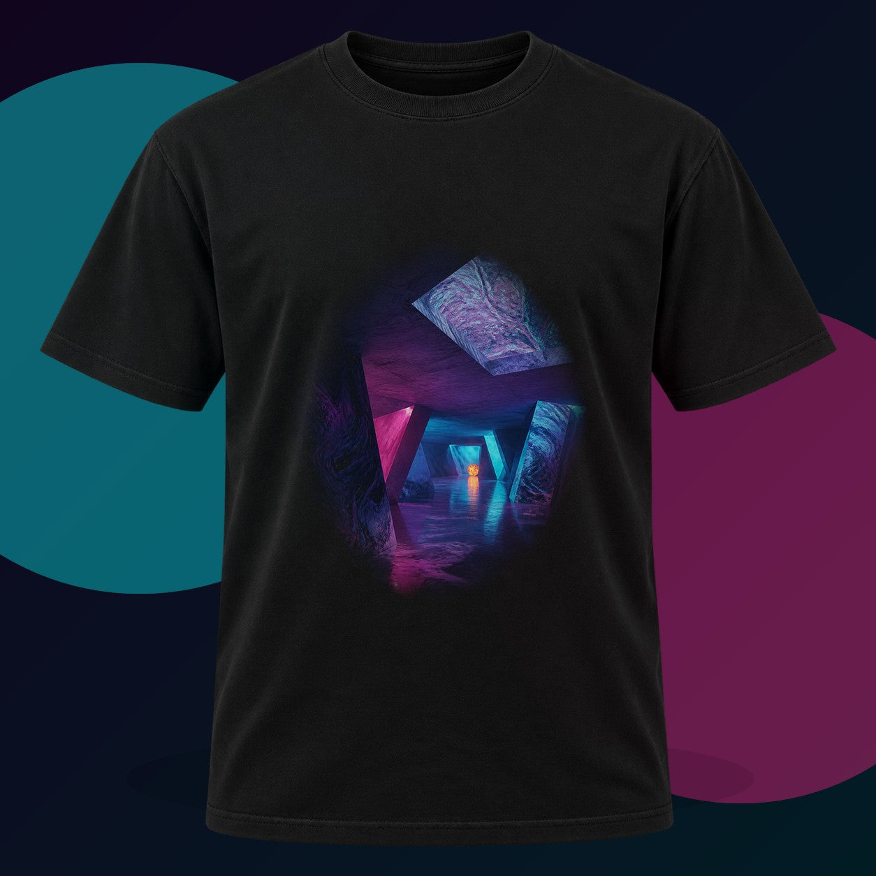 Prismatic Service Tunnel original KOSVYRE design on a black graphic tee with cyan and violet studio lighting