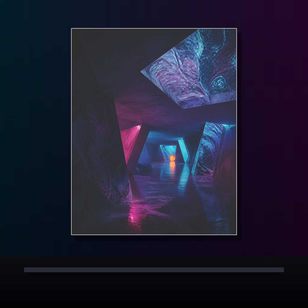 Prismatic Service Tunnel original KOSVYRE poster displayed in a dark psychedelic gallery setting