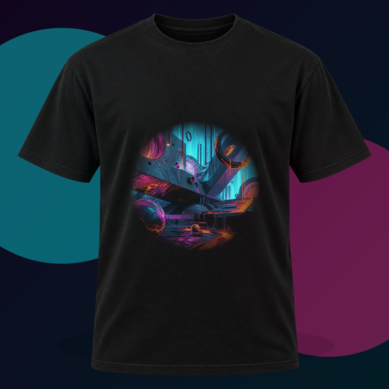 Pulse Foundry original KOSVYRE design on a black graphic tee with cyan and violet studio lighting