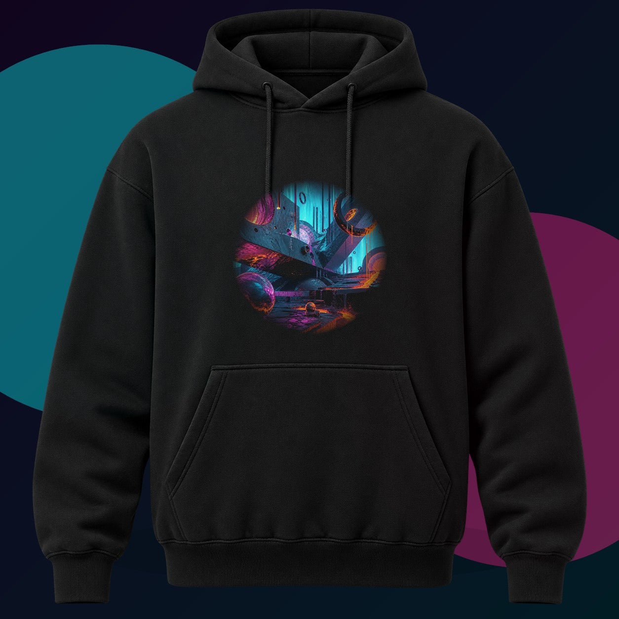 Pulse Foundry original KOSVYRE design on a black hoodie with cyan and violet studio lighting