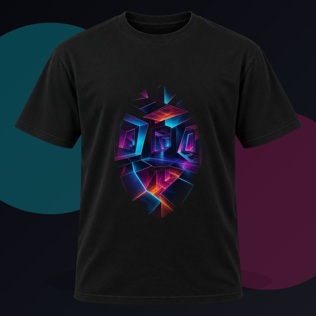 Pulse Geometry Chamber original KOSVYRE design on a black graphic tee against a graphite studio background