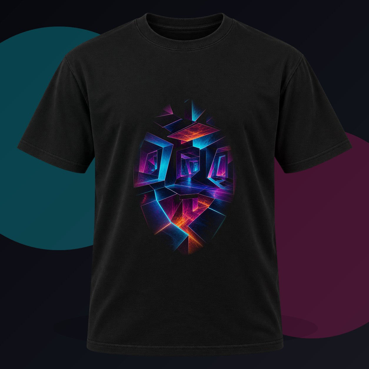 Pulse Geometry Chamber original KOSVYRE design on a black graphic tee against a graphite studio background