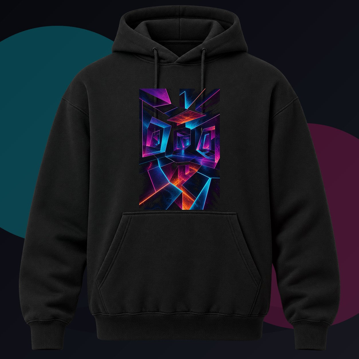 Pulse Geometry Chamber original KOSVYRE design on a black hoodie against a graphite studio background