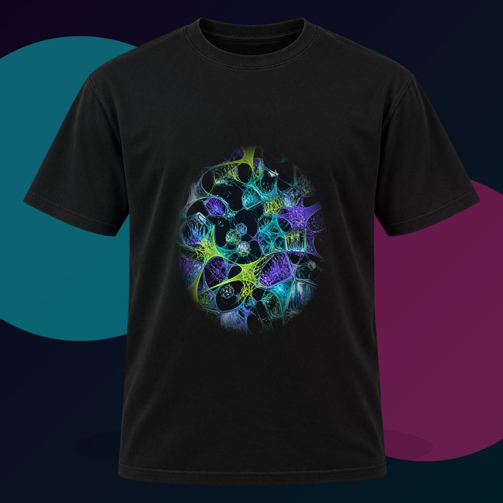 Pulse Habitat original KOSVYRE design on a black graphic tee with cyan and violet studio lighting