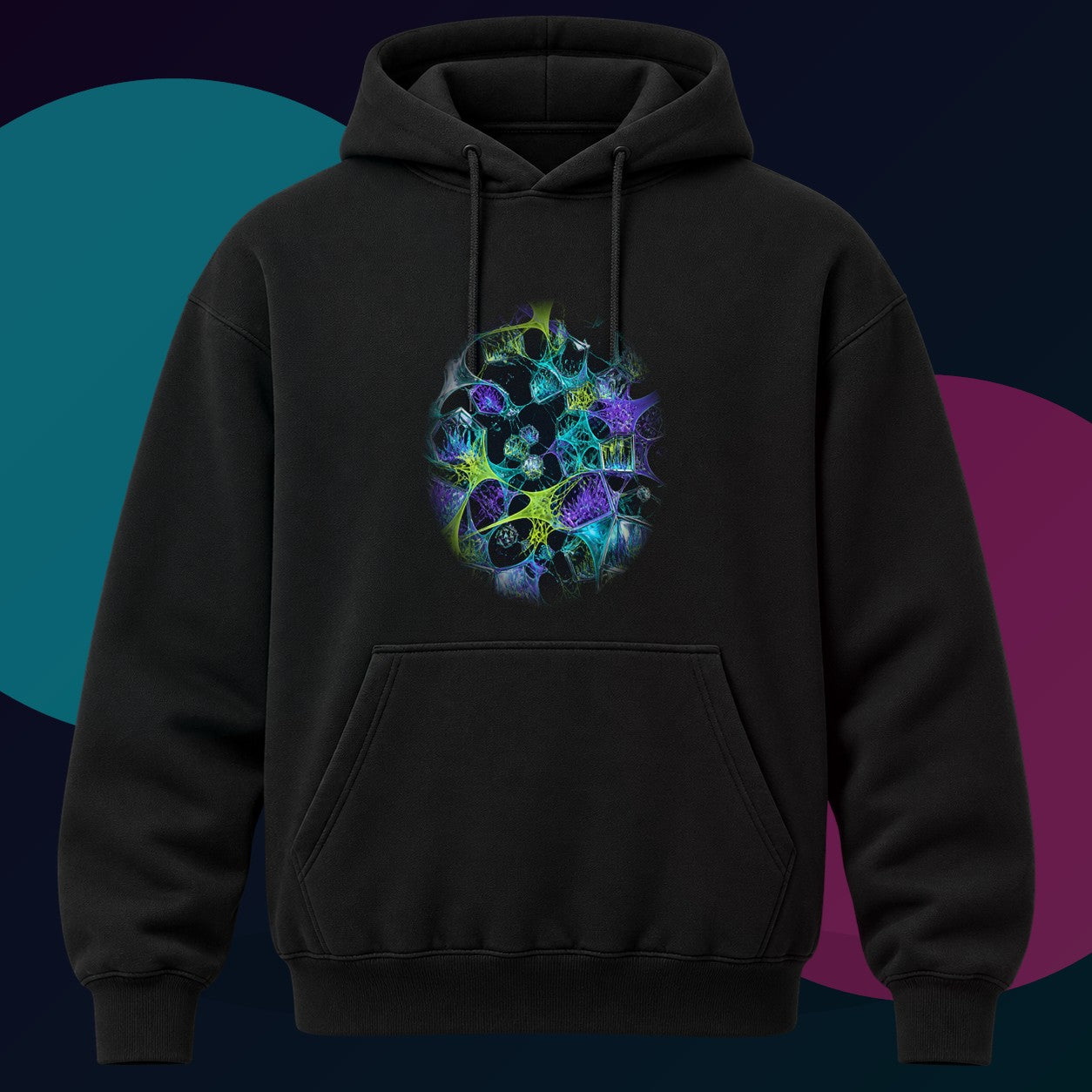 Pulse Habitat original KOSVYRE design on a black hoodie with cyan and violet studio lighting