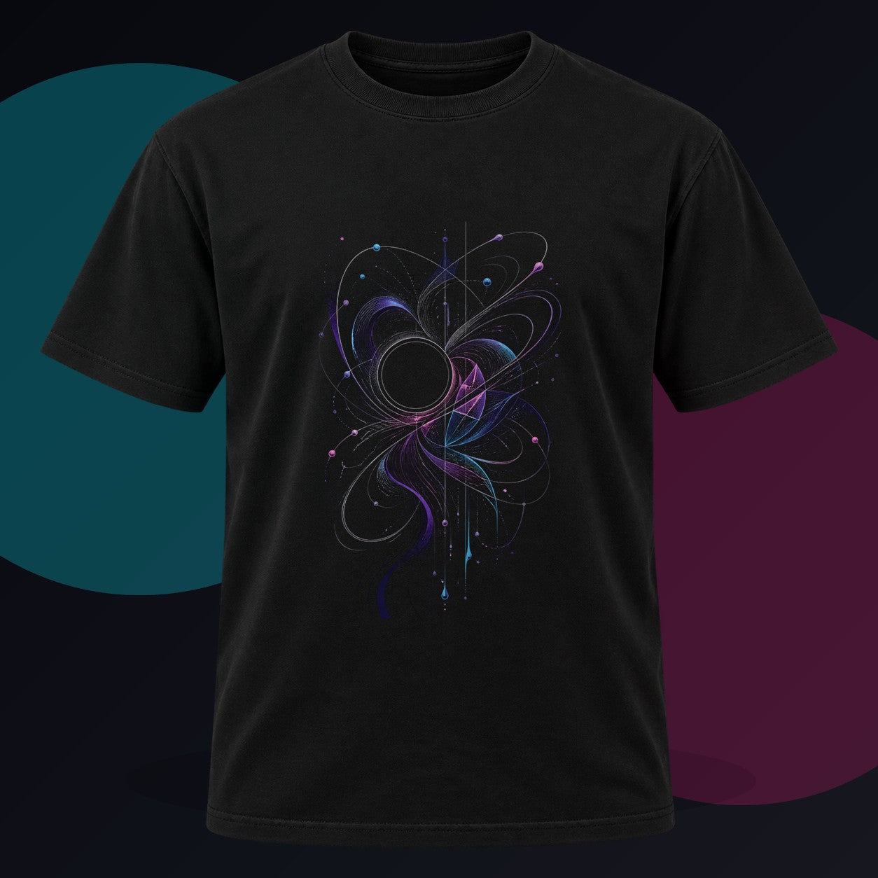 Quiet Orbit Bloom original KOSVYRE design on a black graphic tee against a graphite studio background