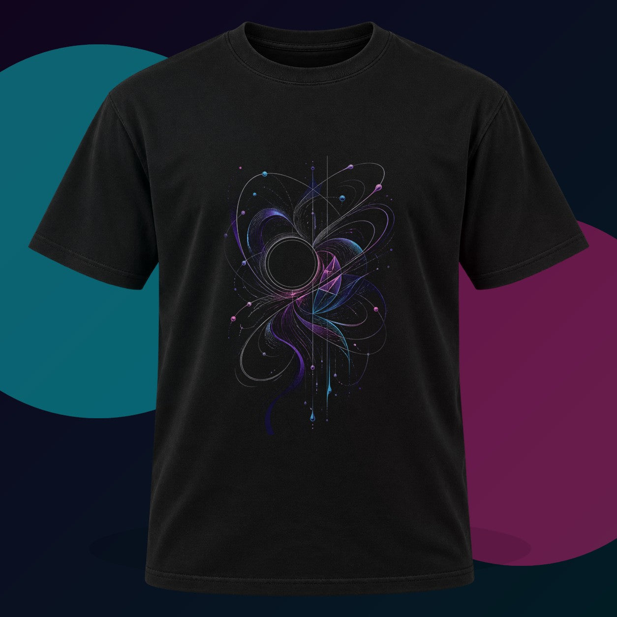Quiet Orbit Bloom original KOSVYRE design on a black graphic tee with cyan and violet studio lighting