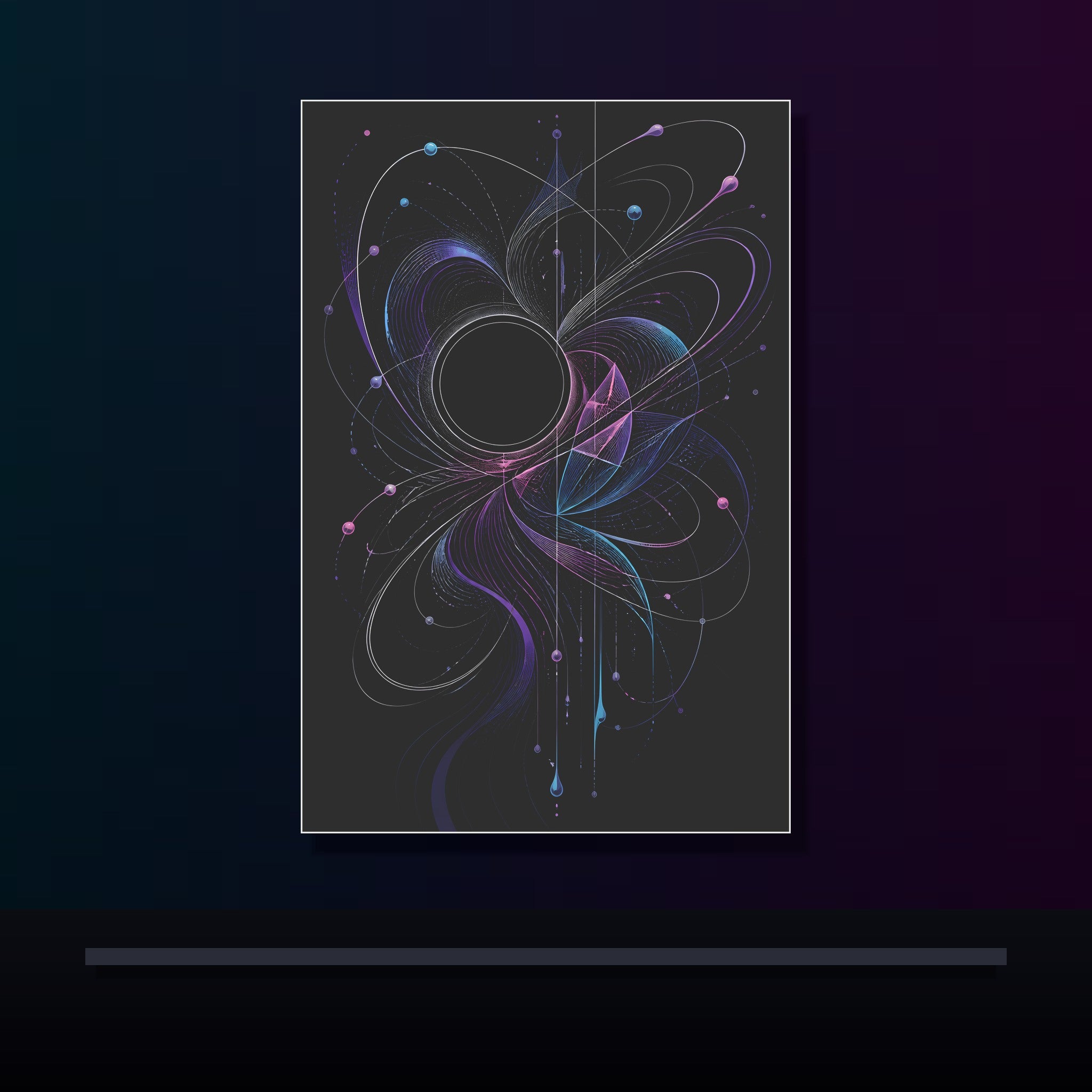 Quiet Orbit Bloom original KOSVYRE poster displayed in a dark psychedelic gallery setting