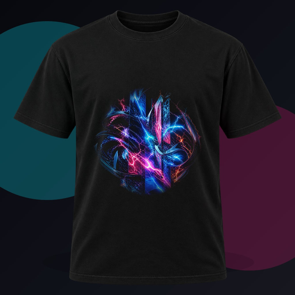 Quiet Voltage original KOSVYRE design on a black graphic tee against a graphite studio background