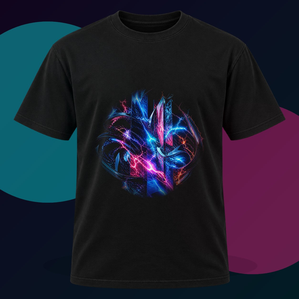 Quiet Voltage original KOSVYRE design on a black graphic tee with cyan and violet studio lighting