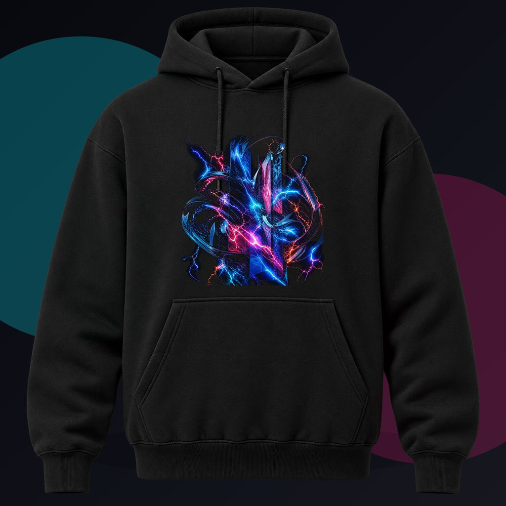 Quiet Voltage original KOSVYRE design on a black hoodie against a graphite studio background