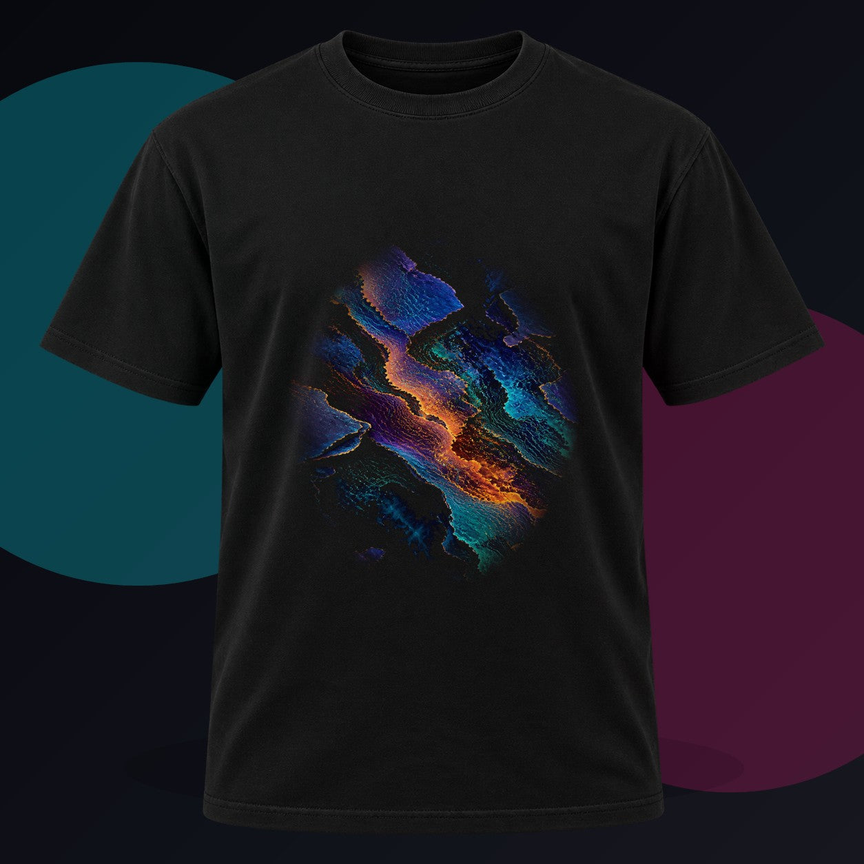 Radiant Cartographic Scar original KOSVYRE design on a black graphic tee against a graphite studio background